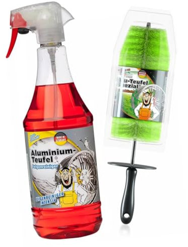 Tuga Chemie Aluminium Felgen Spezial Felgenreiniger Set für glänzende Alufelgen - säurehaltig | mit Wirkindikator und Aktiv Gel Formel | Tuga Felgenreiniger Rot + original Tuga Felgenbürste