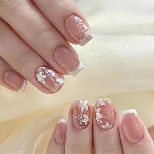 24PCS White Flower Coffin Press on Nails – Short French Full Cover Acrylic Fake Nails for Women and Girls, Stick on Nails with Glue Stickers for DIY Nail Art at Home