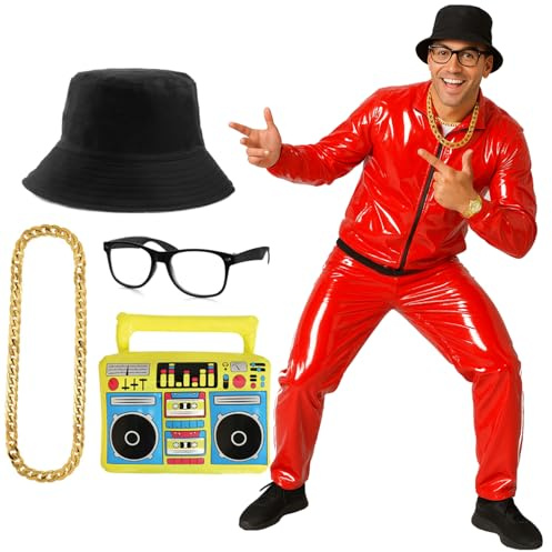 Rapper-Kostüm für Erwachsene, 80er-Jahre-Kostüm, Größe S, glänzender roter Schalenanzug, schwarzer Eimerhut, schwarze Brille, goldene Kette und aufblasbare Boombox, für Herren und Damen, 1980er-Jahre