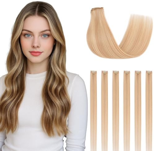 SEGOHAIR Clip in Extensions Echthaar, 6 Stücke Single Clip Highlights Hair Extension Glatt Haarverlängerung Natürlich für Frauen Damen Hellblond mit Gebleichtem Blond#18P613,40cm 40g