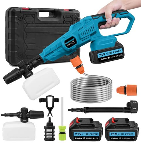 Hidrolimpiadora de Alta Presión, Hidrolimpiadora Inalámbrica 120 Bar 21V con 2 Baterías Recargables, 6 en 1 Boquilla Hidrolimpiadora de Bateria para Limpieza de Automóviles/Terraza/Jardín