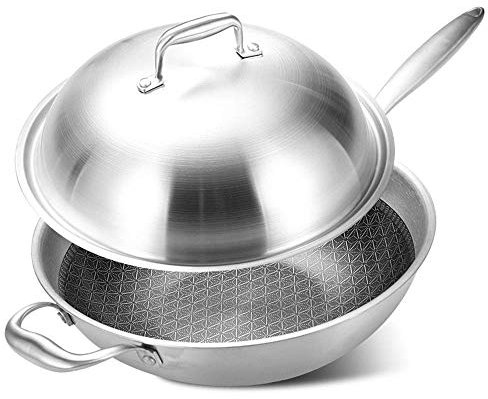 ZOLPINL Non-stick 32cm stainless steel wok with glass stainless steel lid fits all hobs including Stay Cool C induction handles