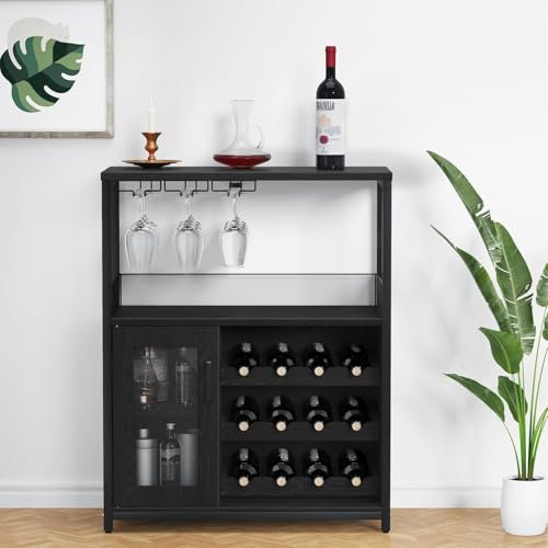 Garvee Weinschrank Weinregal Industrial Barschrank mit Verstellbarem Weinregal und Glashalter Getränkeaufbewahrung Weinbarschrank für Küche Esszimmer Wohnzimmer 70x35x92cm Schwarz
