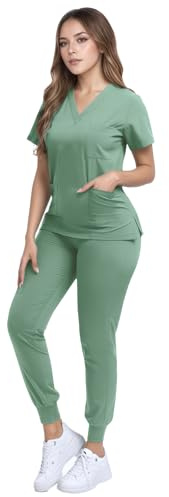 Chesoon Unisex Drawstring Scrub Set V-Neck Scrub Top and Carrot Pants with 3 Pockets Short Sleeve Medical Uniform Green