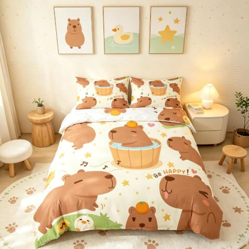 Homemissing Capybara Bettwäsche Set 135x200cm Braun Capybara Bettbezug Lustige Niedliche Tiere Bettwäsche für Kinder Jungen Mädchen Blumen Capybaras Bettbezug Set 2 teilig