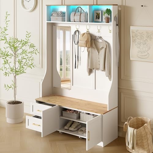 Juabett Garderobe, Flurgarderoben Set mit Schuhschrank, LED-Beleuchtung, Spiegel, Haken & Schubladen, Stylishe Kompaktgarderobe Flurschrank, Dielengarderobe für Eingangsbereich 120X40X187 cm Weiß