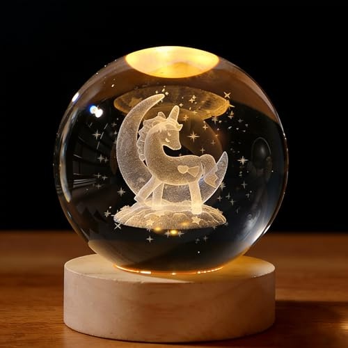 TaimeiMao Einhorn Kristallkugel Nachtlicht, 60mm Glaskugel Weihnachtsdeko | 3D Glaskugel Lampe Deko mit Holzsockel und USB, Crystal Ball für Weihnachten Geburtstag Party Geschenke