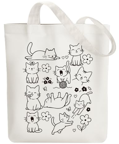 ANATTASOUL Borsa di Tela Shopper Donna Canvas Tote Bag Aesthetic Borse in Tela Cotone Borse Stoffa per la Scuola Lavoro Shopping Riutilizzabili Spesa Con Cerniera（Gatto A Linea）