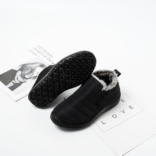 FUJEAK Winter Snow Boots for Mens Fur Lined Warm Ankle Slip On Anti-Slip Casual Boots Waterproof Outdoor Boots Lightweight Comfortable Shoes Black UK Size 5.5