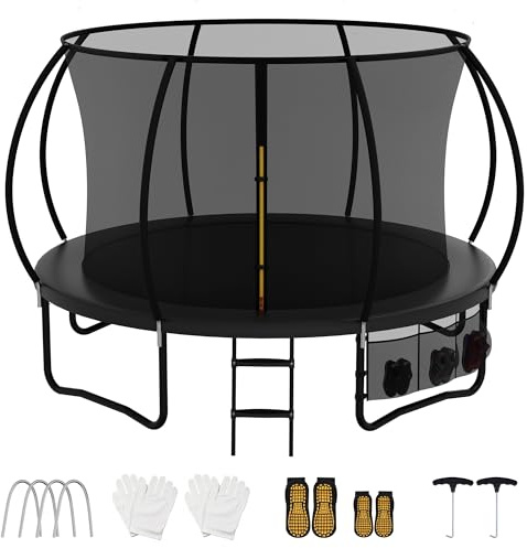 AWEV Outdoor Trampoline 7.5ft/10ft/12ft/14ft, Gs Certified Round Trampoline | Safety Enclosure Net, Non-Slip Ladder & Shoes Organiser, Family Time, Exercise & Gaming for Kids & Adults in Graden or Indoor