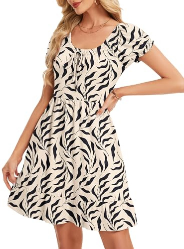 AUSELILY Women Summer Dress Puff Sleeves Ladies Dress Casual with Pocket