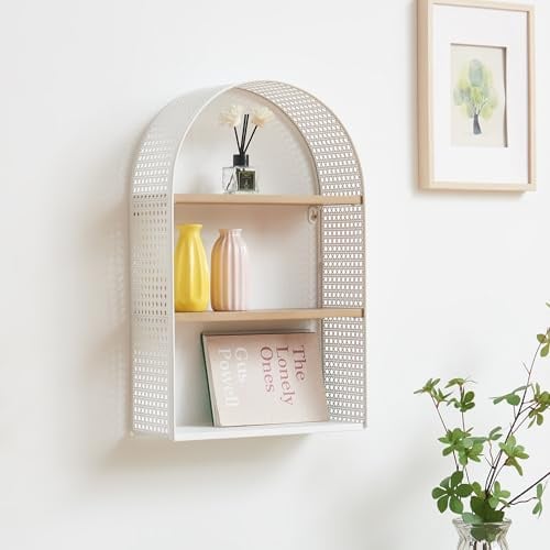 [en.casa] Wandregal Jäller Hängeregal mit 3 Ablagen Schweberegal offen Wohnzimmer Schlafzimmer Wandboard in Rattanoptik 53 x 35 x 14 cm Metall Weiß