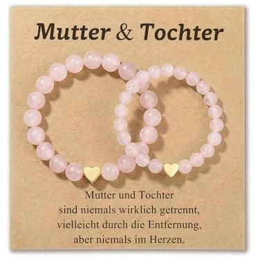 POWWA Mutter Tochter Geschenk, Rosenquarz Perlen Armband mit Herzanhänger, Geschenk für Schulanfang Weihnachten Valentinstag Geburtstag mit Spruchkarte und Samtbeutel
