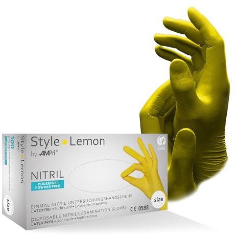 AMPri Nitrilhandschuhe, gelb, 100 Stück/Box, Größe XS, puderfrei, Style Lemon by Med-Comfort: Nitril Einmalhandschuhe, Einweghandschuhe in den Größen XS, S, M, L, XL