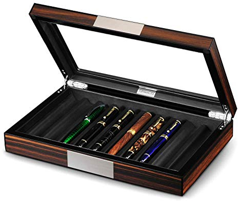 Lifomenz Co Wood Pen Organizer Box with Lid and Top Glass Window Display Case