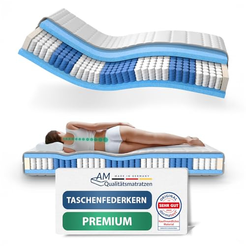 AM Qualitätsmatratzen Premium Taschenfederkernmatratze 130x190cm H1 24cm - Made in Germany & Oeko TEX Siegel - 7 Zonen Federkernmatratze 130x190 mit Lyocell Bezug - Ergonomische Matratze 130x190 H1