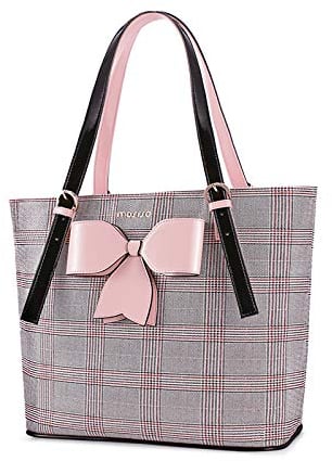 MOSISO Laptop Bag, 15.6 inch Laptop Tote Bag PU Leather Grid Pattern Large Capacity Work Business Travel Briefcase Handbag with Bowknot Compatible with MacBook & Notebook, Pink&Red