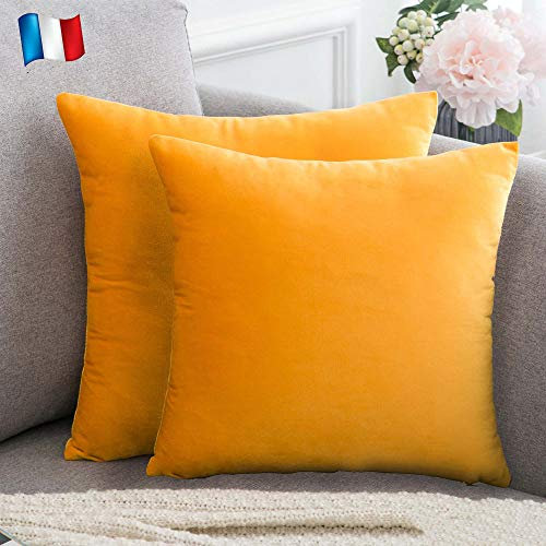 Douceur De Plumes 2er Set Senfgelber Samtkissenbezug 45x45 cm Einfacher, weicher und moderner Kissenbezug, skandinavische Wohnzimmerdekoration Sofa Schlafzimmer Bettboden (2 Senfgelb)