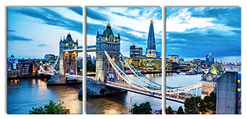 Pixxprint Beleuchtete Tower Bridge am Abend, XXL Leinwandbild in Übergröße 210x100cm Gesamtmaß 3 teilig, Wandbild, Kunstdruck