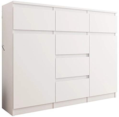 Framire S-62D Kommode in Weiß, Kommode mit 6 Schubladen, 2 Türen, Schrank für Schlafzimmer, Wohnzimmer, Bad, 99 x 120 x 40 cm