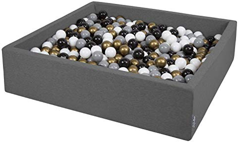 KiddyMoon Quadrat Bällebad Bällepool 120X30cm/600 Bälle ∅ 7Cm Eckig Ballgruben Für Babys Spielbad Kleinkinder, Hergestellt In Der EU, Dunkelgrau:Weiß-Grau-Schwarz-Gold
