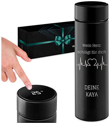 Maverton Thermobecher Kaffeebecher 450 ml - Isolierbecher personalisiert - 100% dicht - Led Temperatur Anzeige - Weihnachtsgeschenke - aus Edelstahl - Geschenk für Frauen - schwarz - Herzschlag