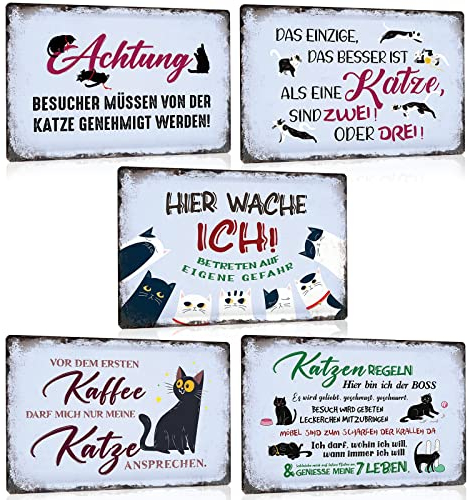 5er Set Katze Retro Blechschild Sprüche 20x30cm - Vintage Katzen-Regeln Schild mit Lustiger Spruch - Achtung Cat - HIER WACHE ICH - Metall-Schild Poster Geschenk für Katzen-Liebhaber