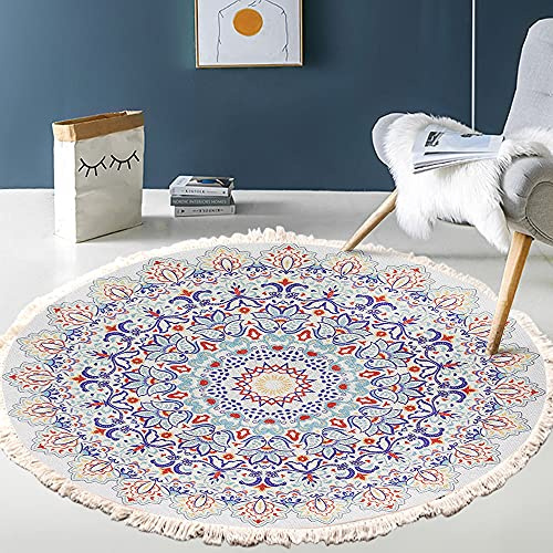 Tapis rond en coton tissé à la main - Motif mandala - Style bohème vintage - Avec pompons - Lavable en machine - Pour chambre à coucher, couloir, salon, table basse - 100 cm - Fleurs #5
