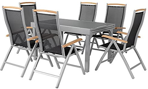 ib style® Diplomat Silber XXL Ausziehtisch 135-270 cm | Premium Gartentisch | Anti Fingerprint | Frozen Glas | Inkl. 6 Klappstühle