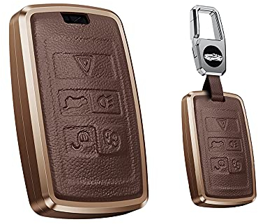 HIBEYO Smart Autoschlüssel Hülle passt für Land Rover Discovery 5 Range Rover Sport Evoque Velar LR2 LR4 für Jaguar XE XJ F-Type Schlüsselhülle Cover Schlüsselgehäuse Schlüsselanhänger Leder-Braun