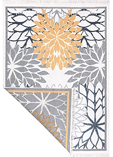 Fashion4Home Teppich Läufer - Tepiche für Wohnzimmer, Schlafzimmer, Küche, Kinderzimmer, Badezimmer - Boho Kelim - Läufer Flur, Orient-Blau-Gold, Größe: 140x200 cm