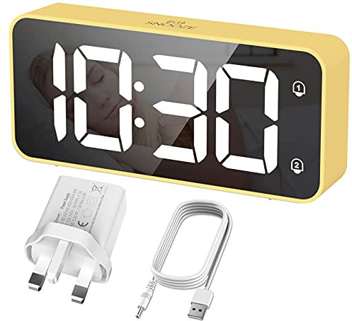HERMIC Alarm Clock Bedside Clock Large Digital Led Display, Full-Range Brightness Dimmer, Adjustable Alarm Volume, Snooze, Dual Alarm, 12/24H, Easy to Use Mains Powered Yellow
