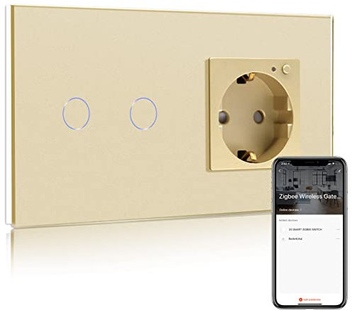 BSEED ZigBee enchufe con Smart ZigBee Interruptor de Luz,Compatible con Alexa y Google Home,Control de APP,2 Gang 1 Vía Interruptor de Luz con Smart Enchufe Oro(Zigbee Gateway Hub Requerido)