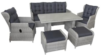 Green Spirit - Garten Sitzgruppe Bilbao - Hellgrau, Polyrattan, für 7 Personen, Wetterfest, Gartenmöbel-Set mit 3-Sitzer Sofa, Tisch, 2 Sessel und 2 Hocker - Dining-Lounge, Garten-Essgruppe