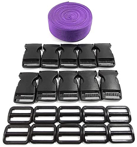 Sangle de Sac à Dos 5M x 25mm + 20 Boucles en Plastique, Sangle pour Valises et Bagage, Ruban pour Couture et Travaux Manuels, Sangle Violet, (25 mm X 5 m, 170)