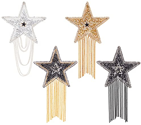 GORGECRAFT 4 Colors Rhinestone Star Patches with Chains Tassel Glitter Sew/Iron on Patches Sparkling Repair Appliques Badge for Clothes Dress Pants Jeans Jacket Hats Bag Shoes Garment Embellishment