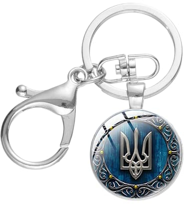 ZEIA3 Vintage Tryzub Ukraine Schlüsselanhänger Ukraine Symbol Rune Flagge Dreizack Muster Glas Cabochon Herren Damen Karabinerschnalle Schlüsselanhänger Geschenk, braun, 25