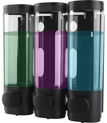 ILIKEPOW Shower Soap Dispenser Wall Mounted Bathroom ABS Plastic Liquid Hand Soap Dispenser 3 Chamber Shower Gel Shampoo, Black