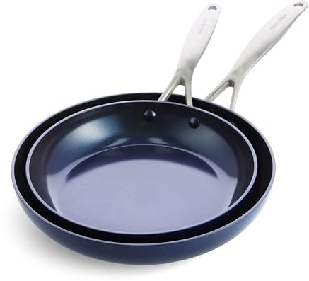 GreenPan Performance Pro Ceramic Nonstick 10 and 12 Frypan Set, Non-Toxic PFAS-Free, Dishwasher & Oven Safe, Wobble-Free, Blue