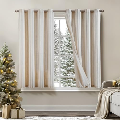 TOPICK Leinen Gestreifte Vorhänge Grau Streifen Gardinen mit Ösen Ticking Streifen Muster Leinenoptik Vorhänge Lichtfilterung für Wohnzimmer Nadelstreifen Gardine Blickdicht 2 Stück H145xB130cm