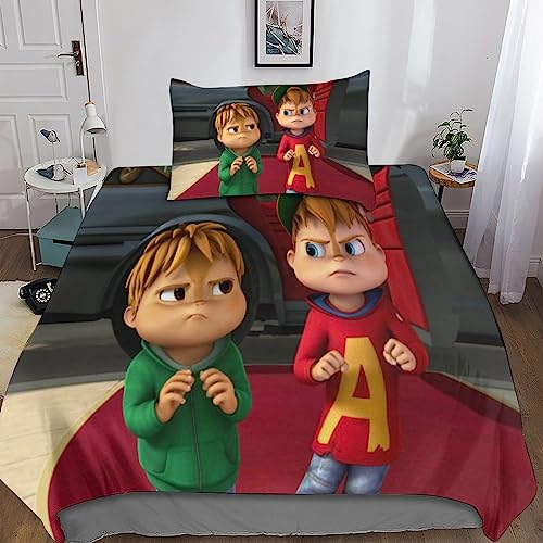 Alvin And The Chipmunks 3d Bettbezug Set Mit Kissenbezüge Bettlaken, Süße Spannbetttücher Bettbezüge ,Dekoration Bettwäsche Set Mit Kissen Sham Bettwäsche Cover Set 2 Stück,3d-Bettdeckenbezug Mit Rei