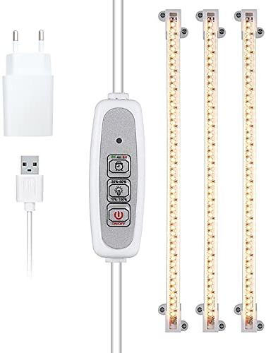 Pflanzenanbau Lichtes Streifen, LED Wachstumsleuchten für Innenpflanzen, Volles Spektrum Gelbes Licht 3000k, 2/4/8H Timer, 3 Schaltermodus, Wachstumslampe für Sukkulenten, 3 Röhren-EU Stecker