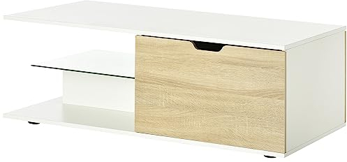 HOMCOM Table Basse rectangulaire Design tiroirs étagères Niche Verre trempé Plateau Blanc Aspect chêne Clair 106 x 58 x 39 cm Blanc