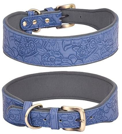 haoyueer Hundehalsband aus Leder, für große Hunde, mittelgroße Hunde und kleine Hunde, PU-Lederhalsband für Hunde, geprägter Druck, Leder-Hundehalsbänder (XL, Blau)