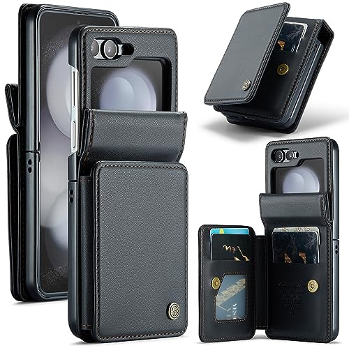 UFinetech Coque pour Samsung Galaxy Z Flip 5 2023 - Étui Noir Flip5 5G en Cuir avec Fentes pour Cartes, Protection Écran et Caméra, Résistant aux Chocs et Rayures, Support Intégré, Robuste et Mince