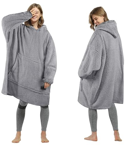 Catalonia Classy Tragbarer Oversize-Kapuzenpullover Decke, Kuschel Sherpa Decke Hoodie, Warm Throw Blanket Sweatshirt mit Ärmeln für den Winter, Geschenke für Mama Frauen Männer, Grau