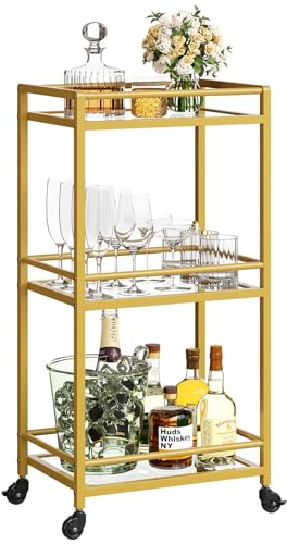 Lifewit Lebenswit Servierwagen, rollender Barwagen mit 3 Etagen Glasböden, Servierwagen mit Rollen für Wein, feststellbar, Barwagen, Teewagen für Küche und Wohnzimmer, Gold
