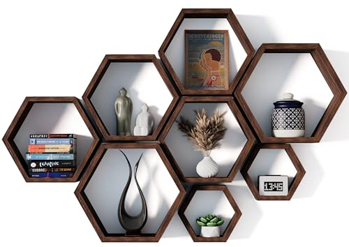 Decovate Sechseckige schwebende Regale Set mit 8 Wabenregalen für die Wand, sechseckige Holzregale für Bauernhaus-Aufbewahrung, robustes, elegantes und geometrisches achteckiges Regal für Büro,