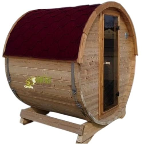 Tonneau Sauna d'extérieur en kit chaudière électrique COMPRISE 2 à 4 personnes, shingle rouge 1,60m x diam 1,96m / hauteur 2,15m