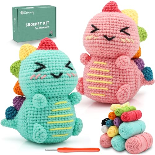 Faircosy Dinosaurier-Häkelset für Anfänger: 2 Häkeltier-Sets für Erwachsene – Häkeln lernen, niedliches Amigurumi-Starter-Set mit schriftlichem Muster und Video-Tutorials (40 %+ Garn extra)